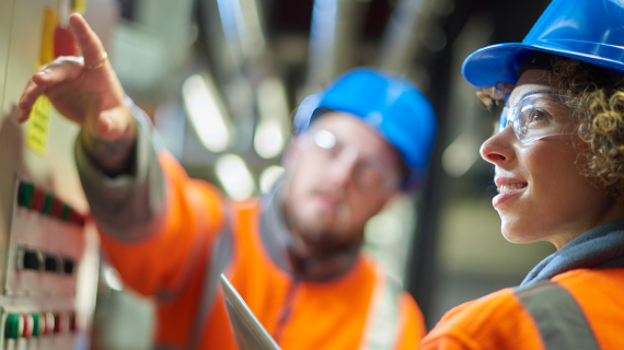 technical employee pointing to a dashboard