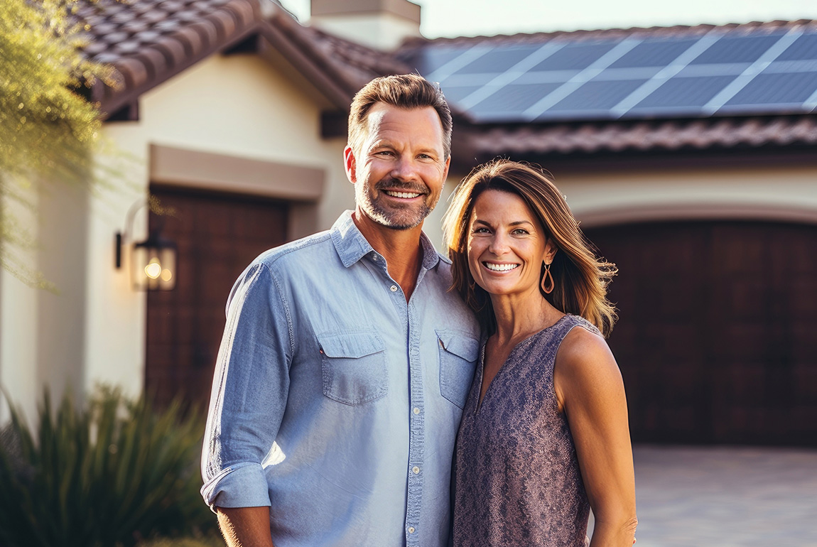 Couple next to a solar panel